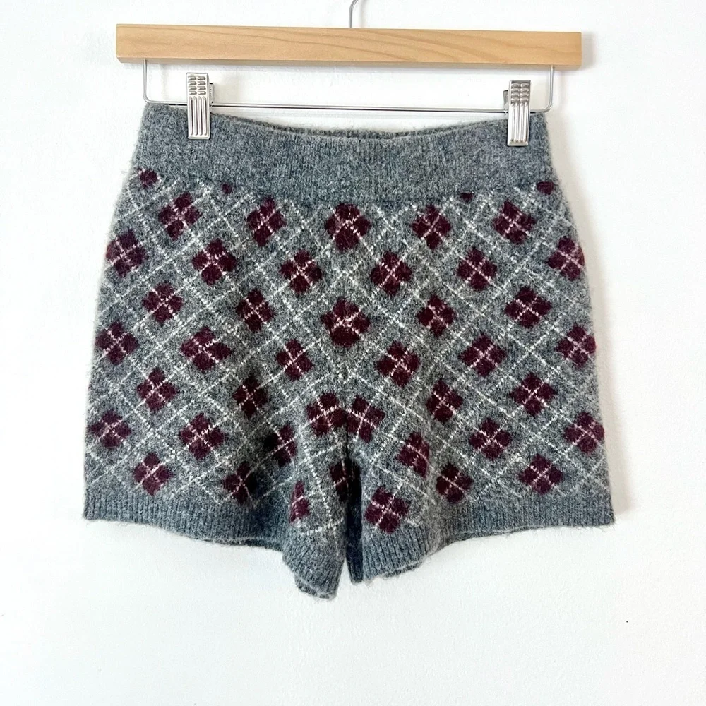 Zara Gray Knit Argyle Shorts & Long Sleeve‎ Collared Top Wool Blend Set Size S/M